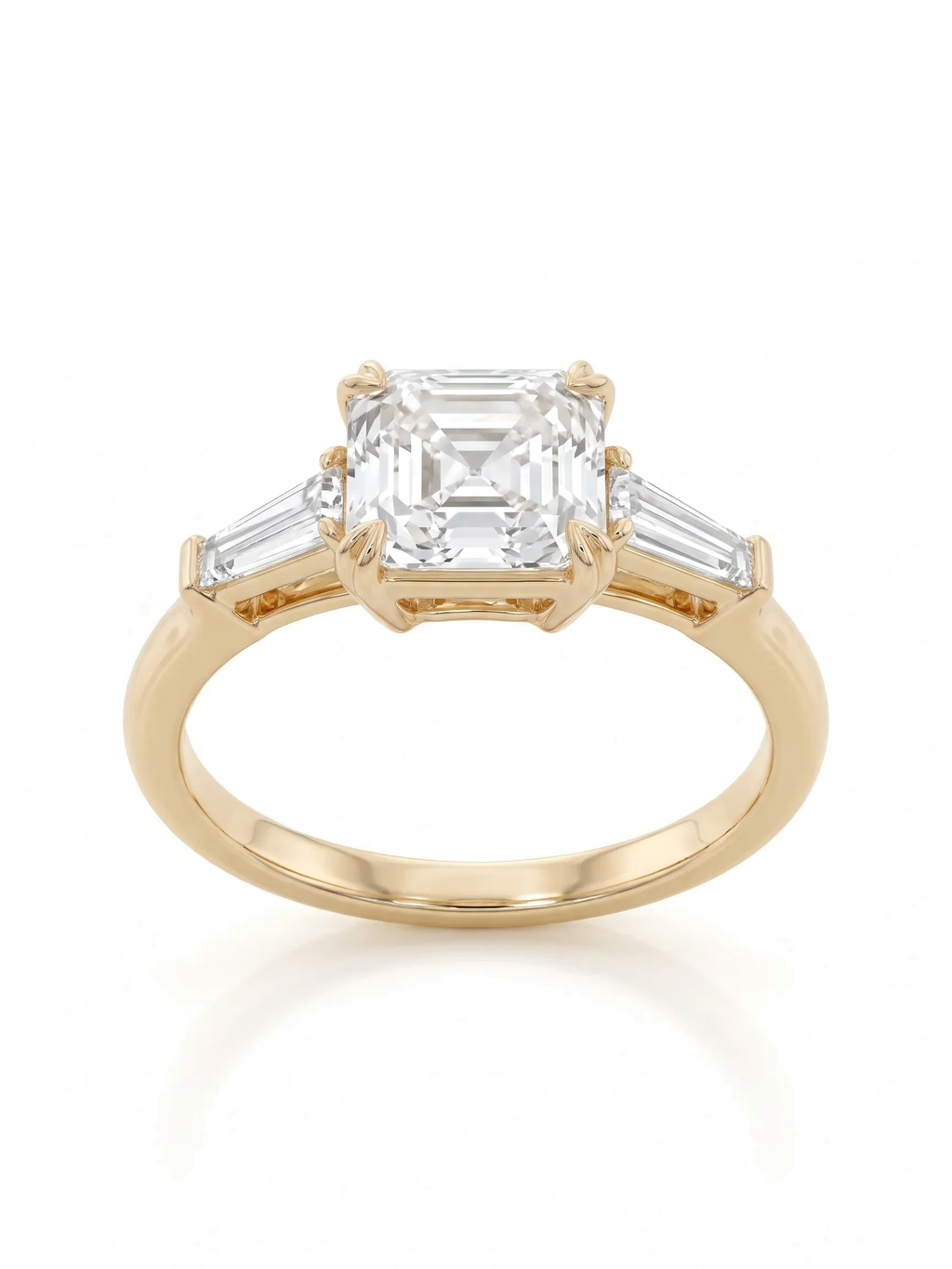 Anel de noivado de diamante cultivado lapidação asscher 3,5ct com trilogia de baguetes em ouro 14k — 1999