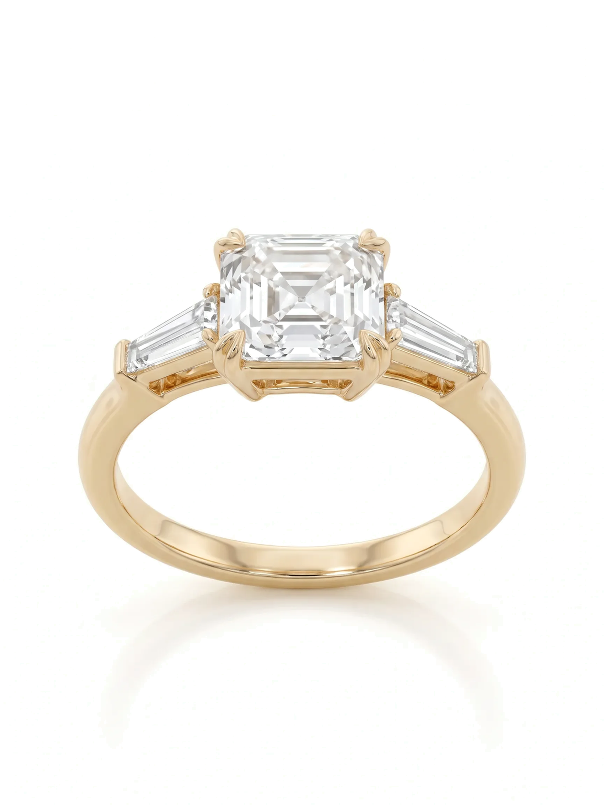 Anel de noivado de diamante cultivado lapidação asscher 3,5ct com trilogia de baguetes em ouro 14k — 1999