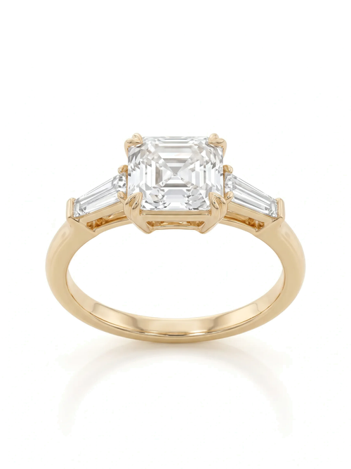 Anel de noivado de diamante cultivado lapidação asscher 3,5ct com trilogia de baguetes em ouro 14k — 1999