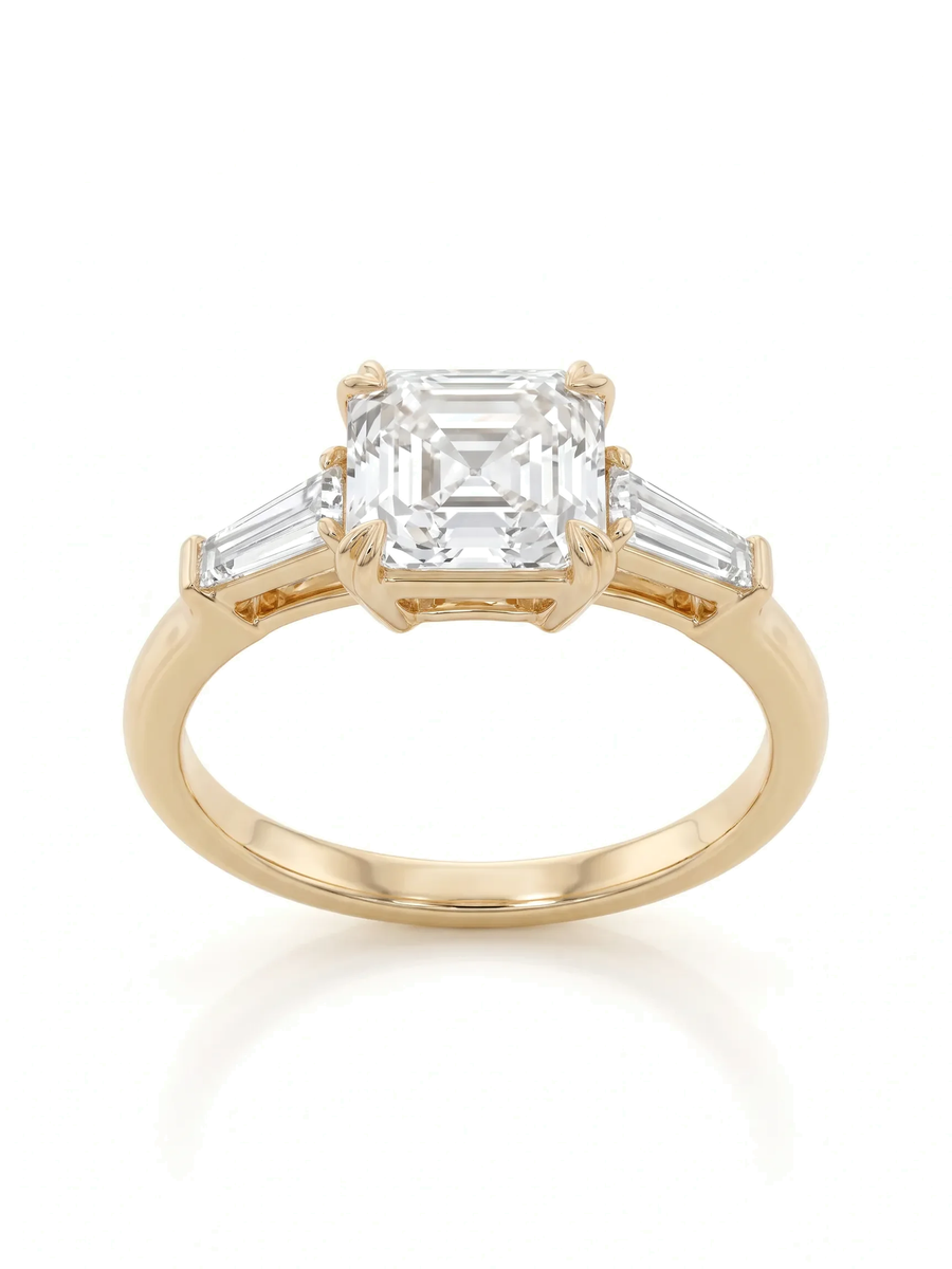 Anel de noivado de diamante cultivado lapidação asscher 3,5ct com trilogia de baguetes em ouro 14k — 1999