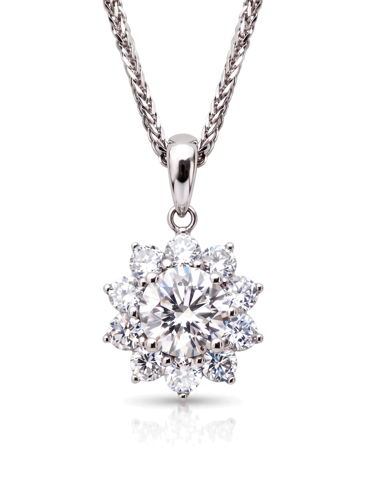Pingente flor diamante com halo cultivado — fundo branco